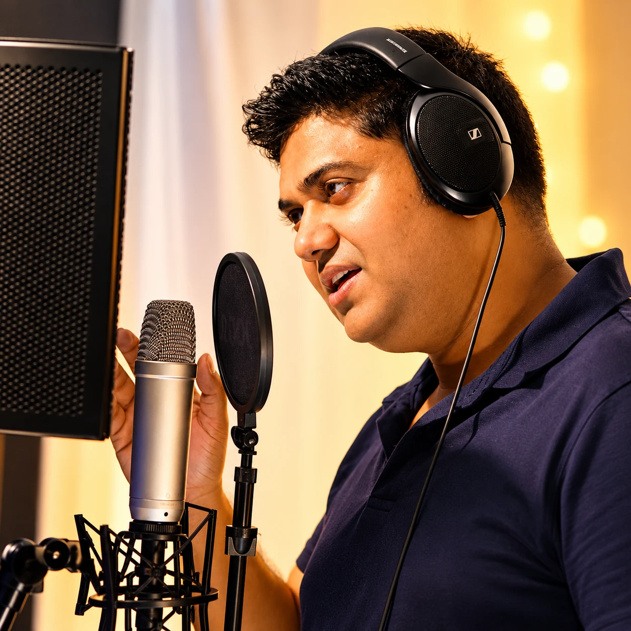 Sunil Kumar Sanu singing in a recording studio, wearing headphones at a microphone